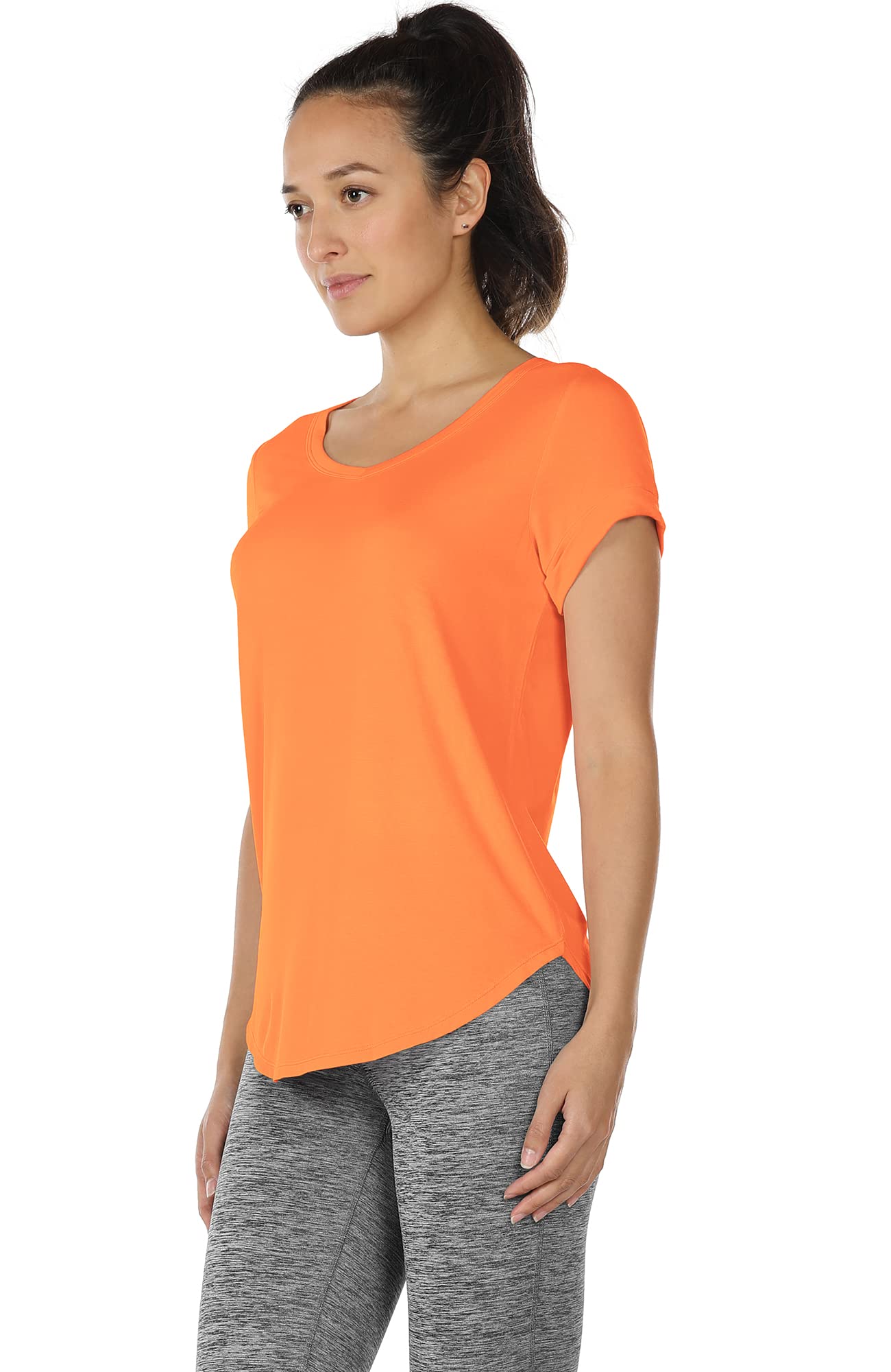 icyzone Open Back Yoga Shirts for Women - Exercise Workout Tops, Athletic Short Sleeves, Running T-Shirts Loose Fit (Orange, L)