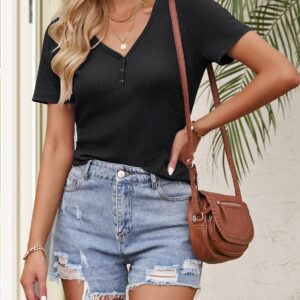 MEROKEETY Women's Short Sleeve V Neck Ribbed Knit Button T Shirts Henley Solid Color Summer Tops, Black, L