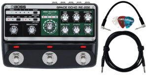 boss re-202 space echo delay and reverb effects bundle with instrument cable, patch cable, and picks