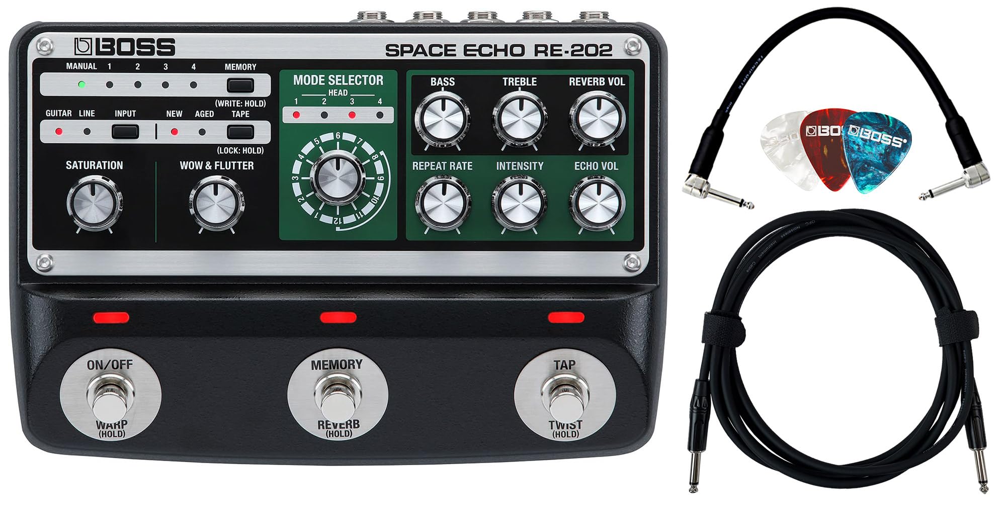 Boss RE-202 Space Echo Delay and Reverb Effects Bundle with Instrument Cable, Patch Cable, and Picks