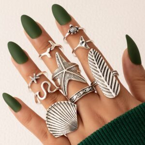 Missgrace 9Pcs Silver Dainty Simple Leaf Starfish Shell Knuckle Stacking Rings Set for Women Teen Girls Boho Vintage Finger Rings Stackable Silver Midi Rings Set Multiple Rings for Women and Girls Size 4.5-8