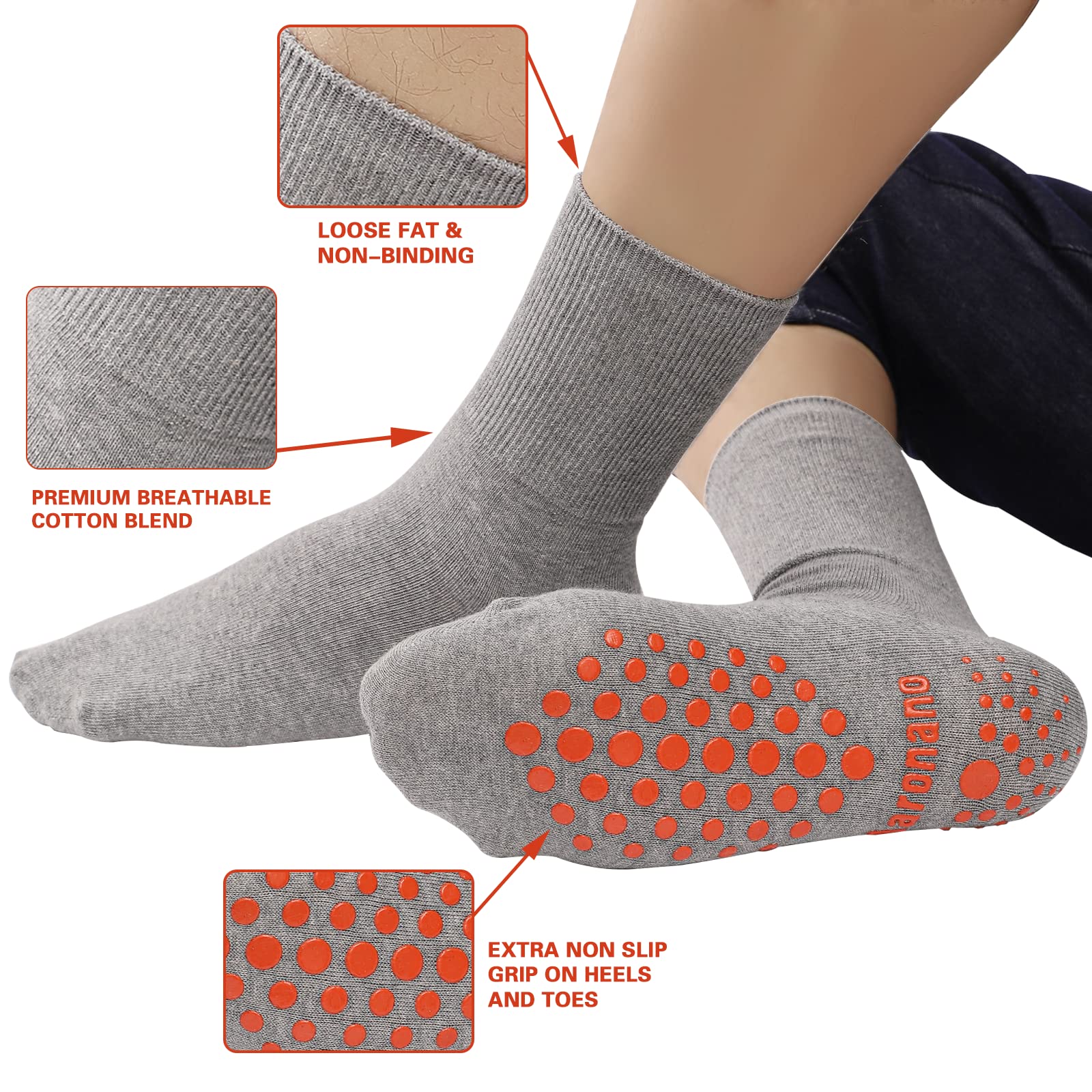 Aaronano Non Slip Grippy Sock-Non Skid Crew Socks for Elderly Yoga Hospital Socks Men Women 5 light Gray M