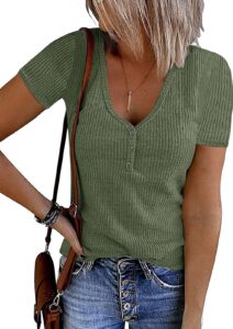 merokeety women's short sleeve v neck ribbed knit button t shirts henley solid color summer tops, green, m