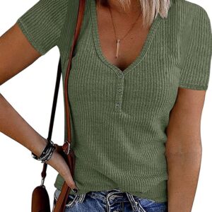 MEROKEETY Women's Short Sleeve V Neck Ribbed Knit Button T Shirts Henley Solid Color Summer Tops, Green, M