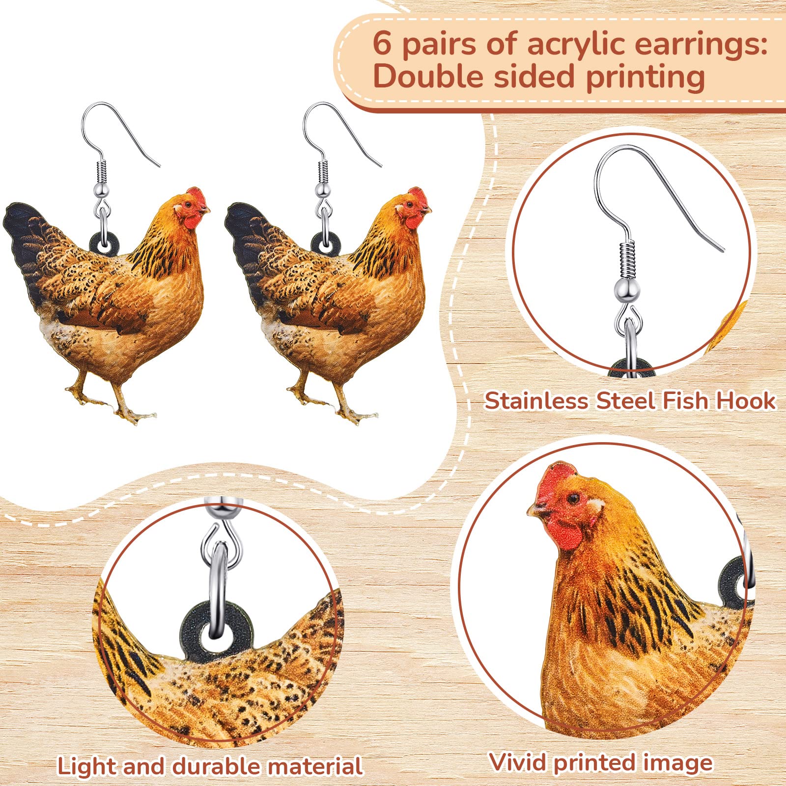 6 Pairs Acrylic Hen Chicken Earrings Animal Rooster Drop Dangle Earrings Cute Farm Chicken Jewelry for Women Ladies Gift