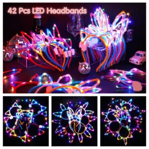 42 Pcs LED Glow in the Dark Headband Set, 14 Unicorn style Light up Headband 14 Cute Cat Ear Luminous Headband 14 Rabbit Bunny Ear Hairband for Party Decorations Women Adult Birthday Gift