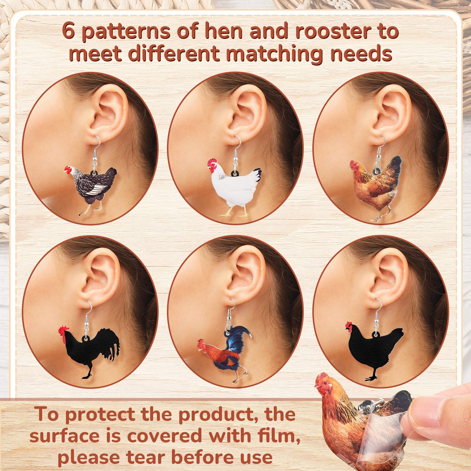 6 Pairs Acrylic Hen Chicken Earrings Animal Rooster Drop Dangle Earrings Cute Farm Chicken Jewelry for Women Ladies Gift