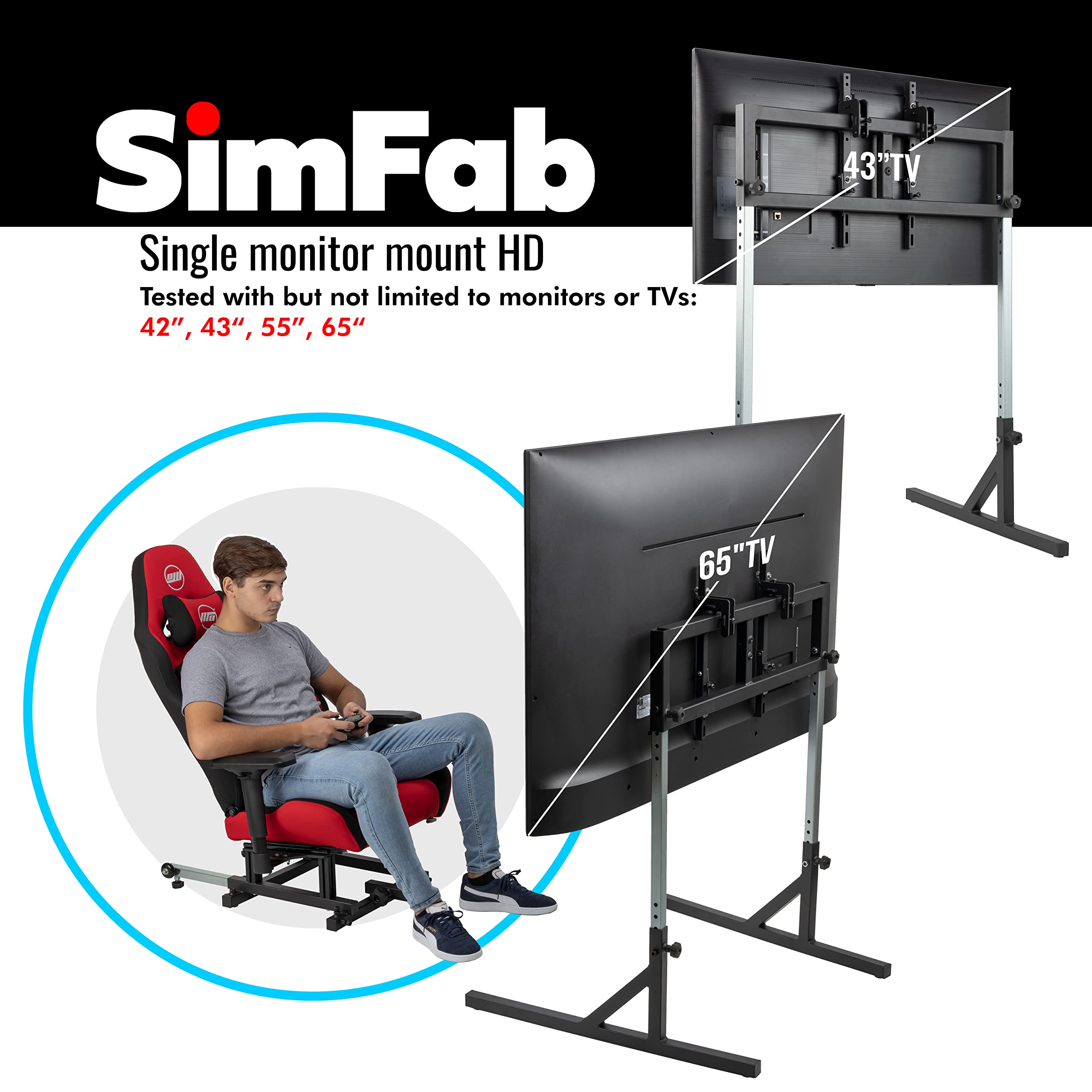 SimFab Single TV Floor Stand for Racing and Flight Simulators Model HD | TV Set Mount Bracket Style 40, 42, 47, 49, 55, 65 TVs (Single TV Stand, Heavy Duty Mount Bracket)