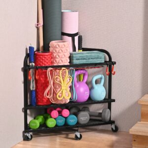 plkow yoga mat storage rack, home gym storage rack for yoga mat, foam roller, resistance bands, yoga block and dumbbells, rolling workout storage rack with wheels and hooks, powder coated finish steel