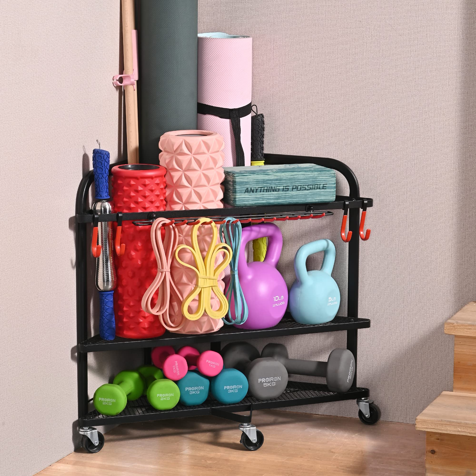 PLKOW Yoga Mat Storage Rack, Home Gym Storage Rack for Yoga Mat, Foam Roller, Resistance Bands, Yoga Block and Dumbbells, Rolling Workout Storage Rack with Wheels and Hooks, Powder Coated Finish Steel