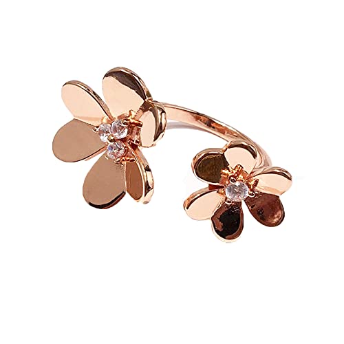 u/b Glossy Thicken Double Clover Ring Women 18k Gold Plating Luxury Jewelry Shine Cubic Zirconia Adjustable Rings (Rose gold)