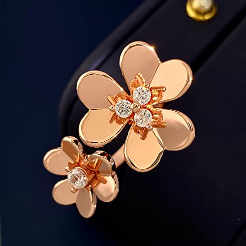 u/b Glossy Thicken Double Clover Ring Women 18k Gold Plating Luxury Jewelry Shine Cubic Zirconia Adjustable Rings (Rose gold)