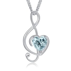 White Gold 925 Sterling Silver Blue Aquamarine Heart Treble Bass Clef Music Lovers Note Pendant Necklaces for Women Men March Birthstone Musical Rock Jewelry Birthday Mother Day Christmas Gifts