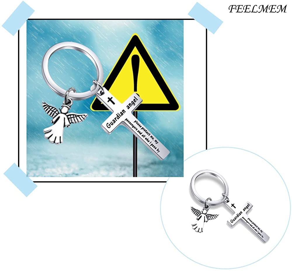 FEELMEM Drive Safe Traveling Jewelry Guardian Angel Prayer Cross Keychain Guardian Prayer Trip Travel Safely Gift For Drivers (Guardian Angel-ky)