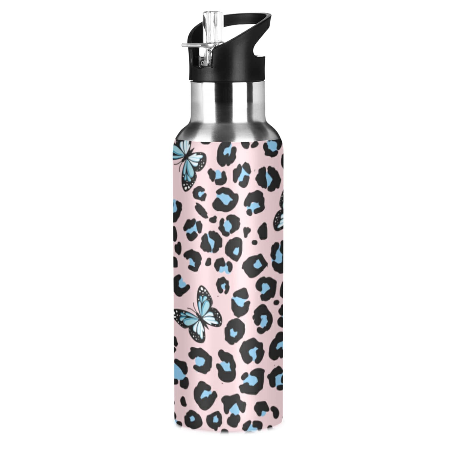 senya Water Bottle 0014 Stainless Steel with Straw Lid Kids Thermos Bottle Water Flask Butterfly Leopard Cheetah Print for Sport Office Gym Outdoor School 20 oz