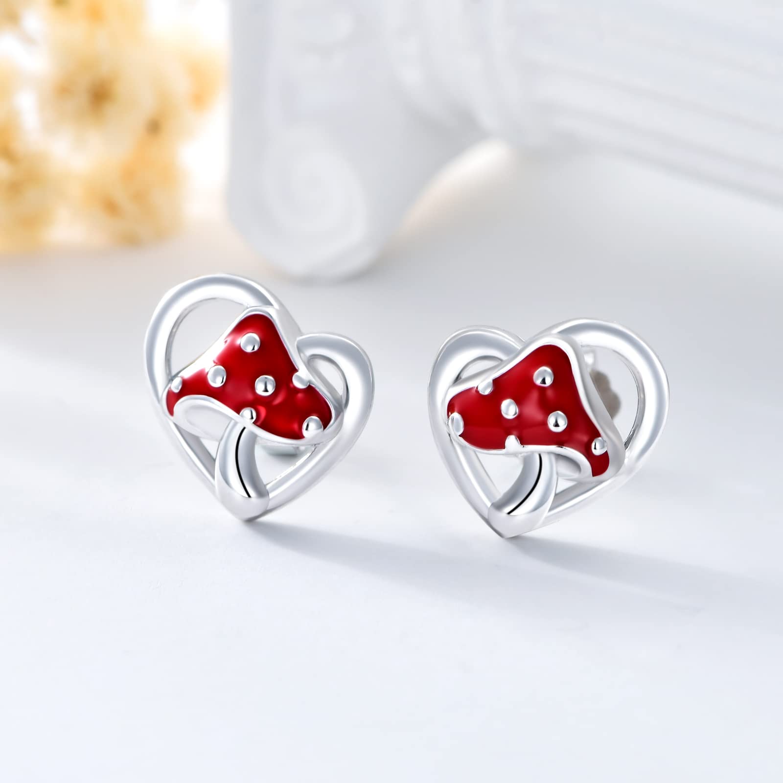 Mushroom Earrings Sterling Silver Red Mushroom Studs Earrings Gifts for Women