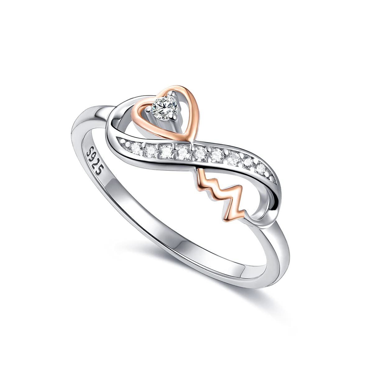 Forever Love Heart Rose Gold 925 Sterling Silver Cz Nurse Eternity Infinity Ekg Heartbeat Promise Enaggement Rings for Women Mom Wife Size 6 Nursing Jewelry Valentine Wedding Mother Day Christmas Gifts