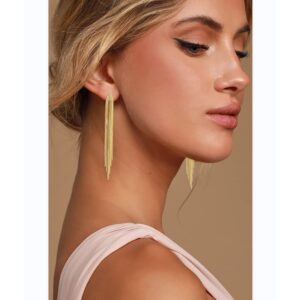 Women Long Tassel Clip On Dangle Earrings Gold Punk Sleek Metal Chain Clip Earrings Statement Wedding Bridesmaid Jewelry