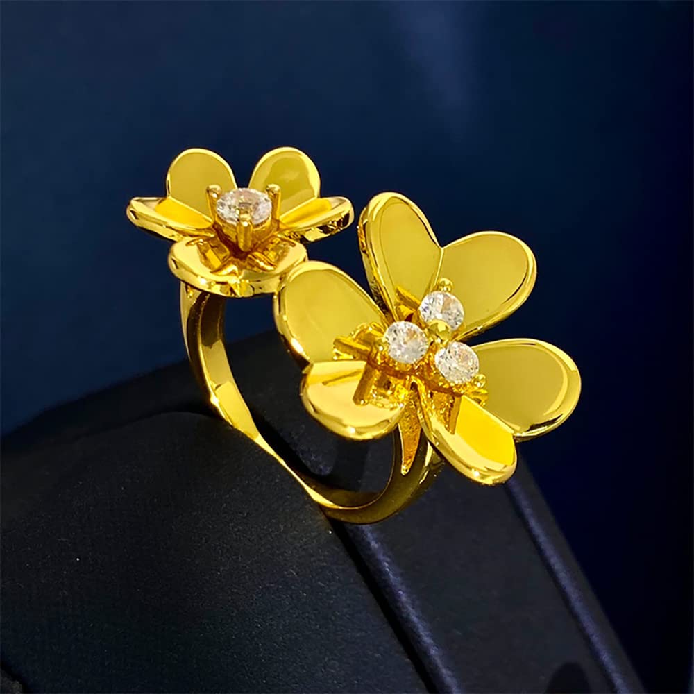 u/b Glossy Thicken Double Clover Ring Women 18k Gold Plating Luxury Jewelry Shine Cubic Zirconia Adjustable Rings (Gold)