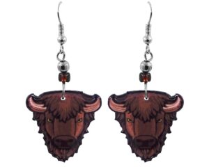 brown buffalo face animal head graphic dangle earrings - womens fashion handmade jewelry wildlife accessories