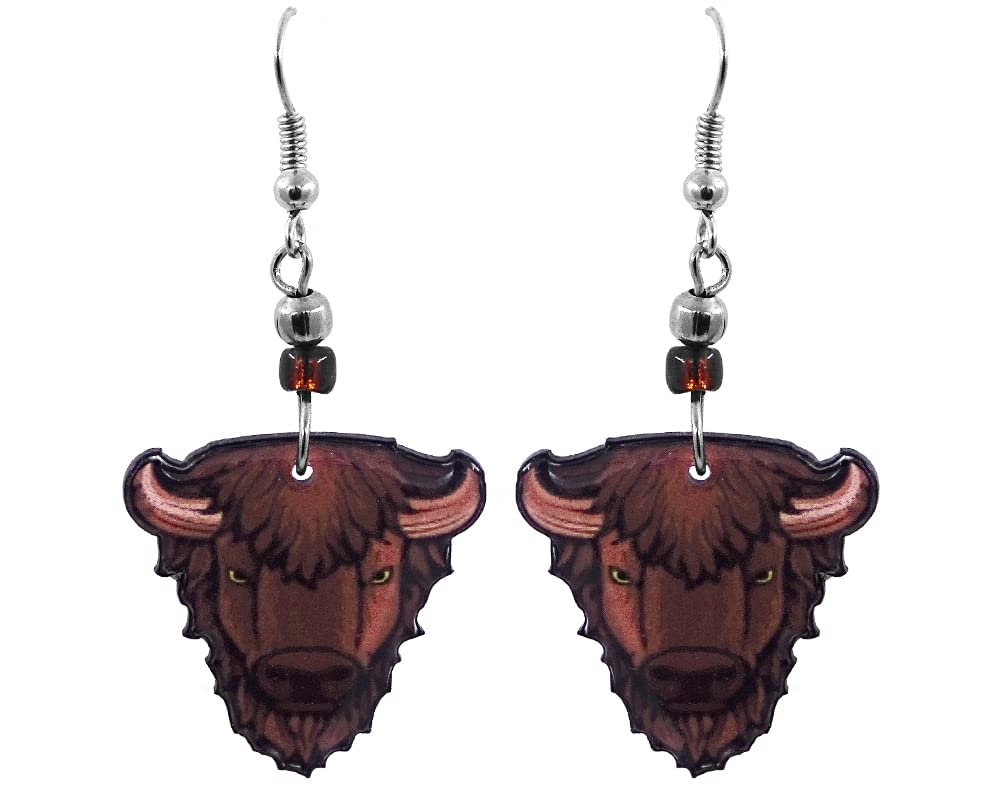 Brown Buffalo Face Animal Head Graphic Dangle Earrings - Womens Fashion Handmade Jewelry Wildlife Accessories