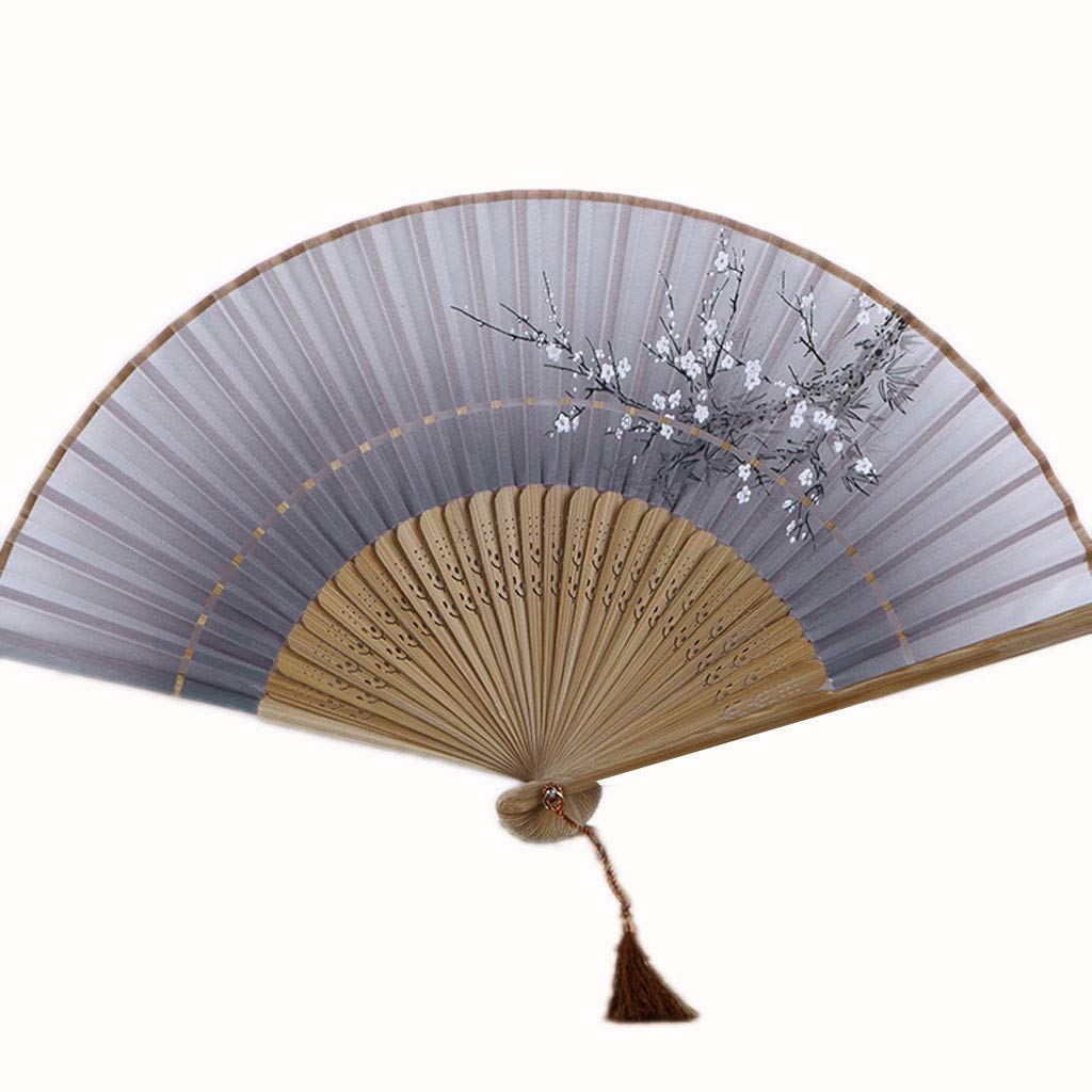 FKJLUN Handmade Folding Fan Women's Folding Fan Summer Japanese Cherry Blossom Fan Antique Wind Fan Silk Cloth Fan Peony Fan Plum Distribution Fan Sleeve Handheld Fan (Color : Beige)