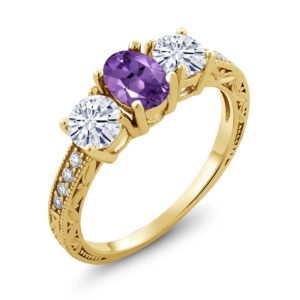 gem stone king 18k yellow gold plated silver 3-stone ring amethyst moissanite(1.87 cttw) (size 9)