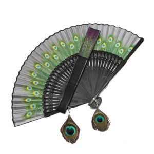 Handmade Folding Fan Peacock Fan Ancient Wind Female Fan Ladies Folding Fan Ethnic Wind Small Fan Handheld Fan