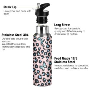 senya Water Bottle 0014 Stainless Steel with Straw Lid Kids Thermos Bottle Water Flask Butterfly Leopard Cheetah Print for Sport Office Gym Outdoor School 20 oz