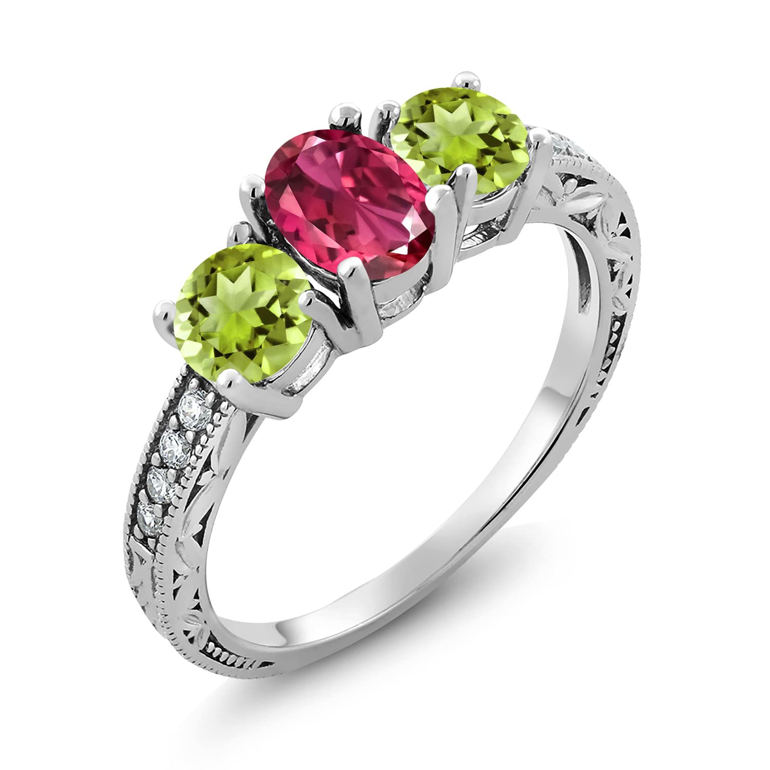 Gem Stone King 925 Sterling Silver Oval Pink Tourmaline Green Peridot and Moissanite Women Ring (2.07 Cttw, Gemstone Birthstone, Available In Size 5, 6, 7, 8, 9)