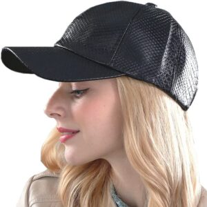 IZUS Women-Men PU-Leather Snakeskin-Embossed Baseball-Cap Cool-Hip-Hop Trucker-Hats Adjustable Casual-Dad-Hat for Medium Black