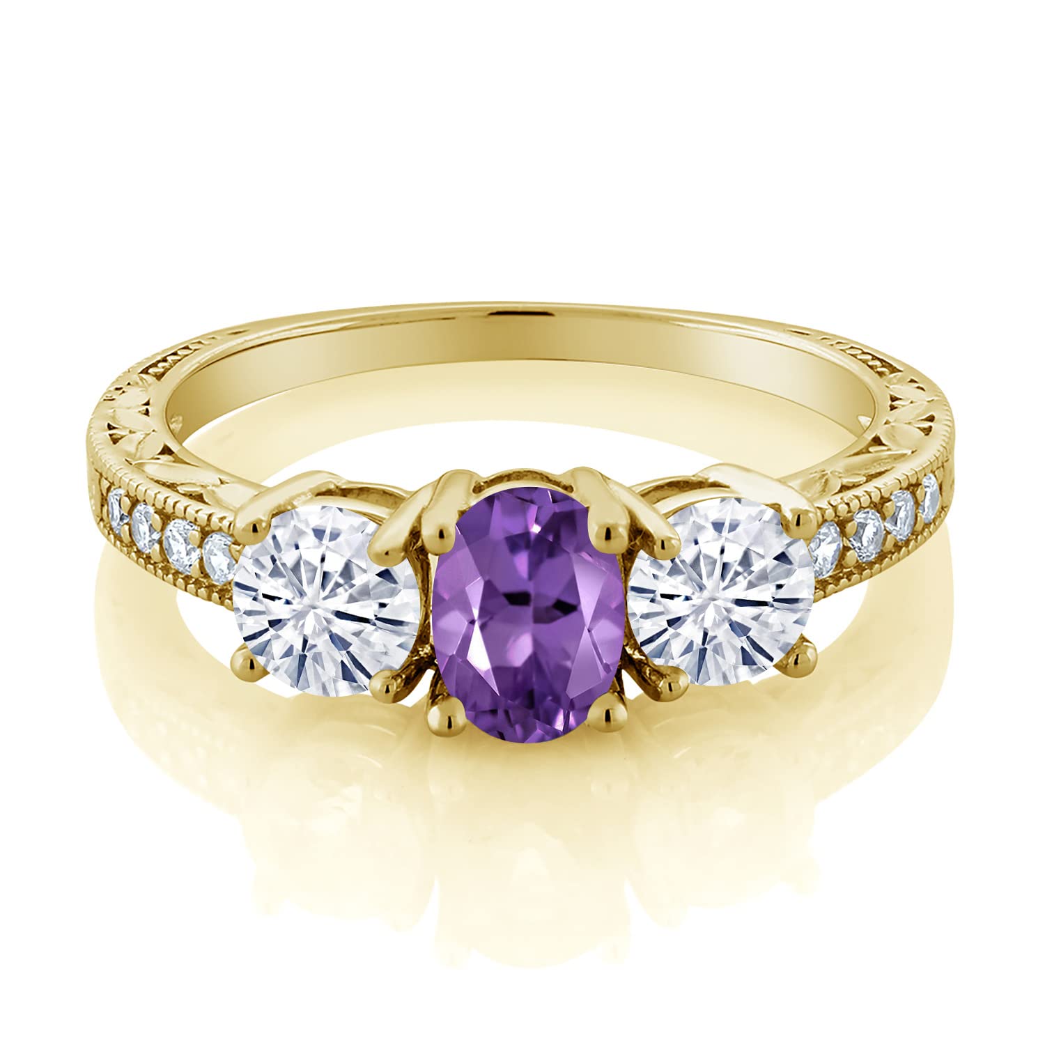 Gem Stone King 18K Yellow Gold Plated Silver 3-Stone Ring Amethyst Moissanite(1.87 Cttw) (Size 9)