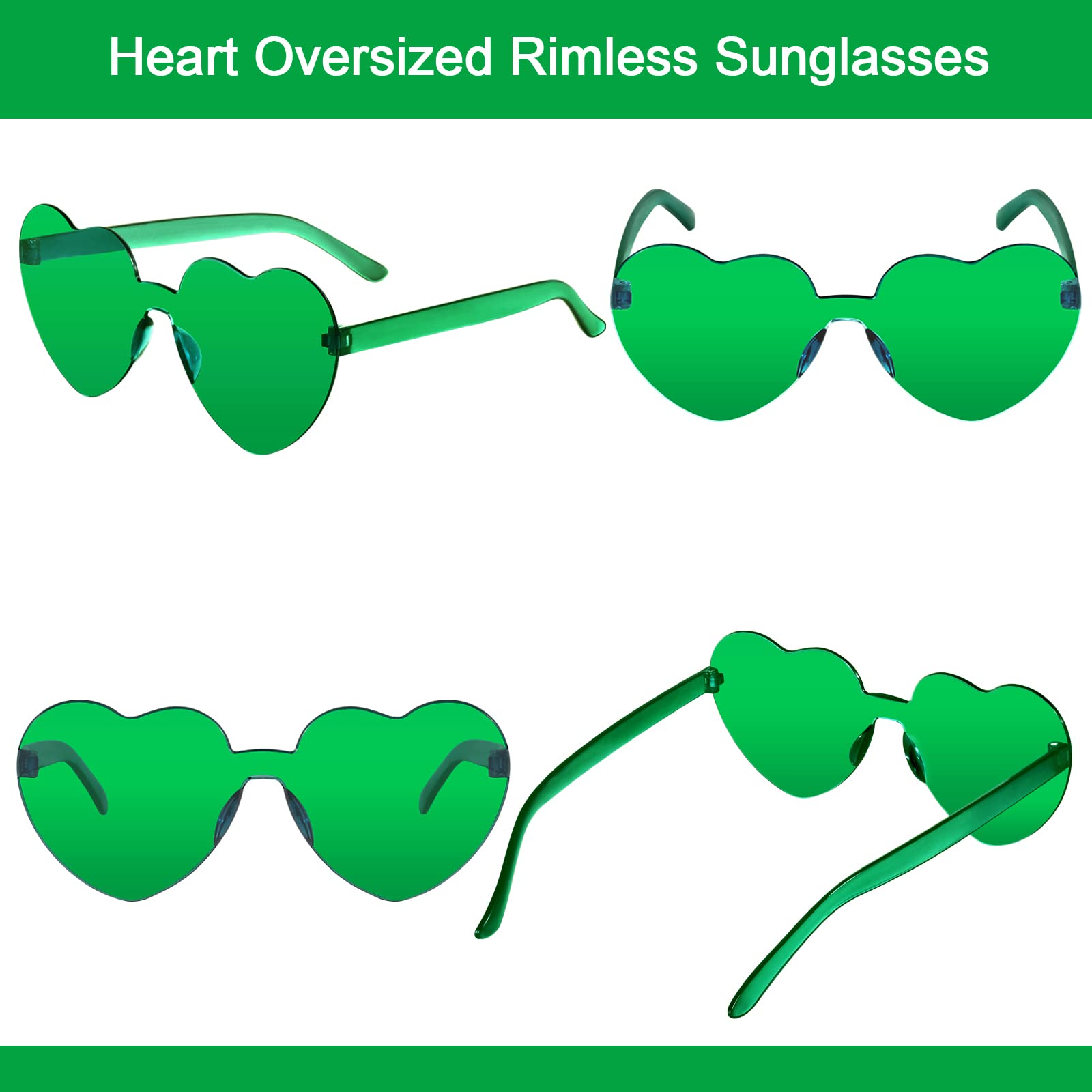 NUDALA Heart Rimless Sunglasses Love Candy Bachelorette Party Glasses Funky Transparent Sunglasses Party Favor (24 GREEN)