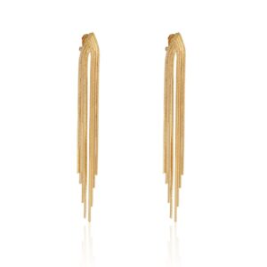 Women Long Tassel Clip On Dangle Earrings Gold Punk Sleek Metal Chain Clip Earrings Statement Wedding Bridesmaid Jewelry