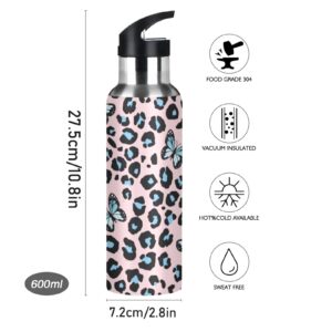 senya Water Bottle 0014 Stainless Steel with Straw Lid Kids Thermos Bottle Water Flask Butterfly Leopard Cheetah Print for Sport Office Gym Outdoor School 20 oz