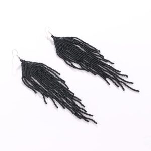 Handmade Beaded Tassel Earrings - Boho Drop Fringe Earrings for women, Native American Indian Earrings (Long Black)