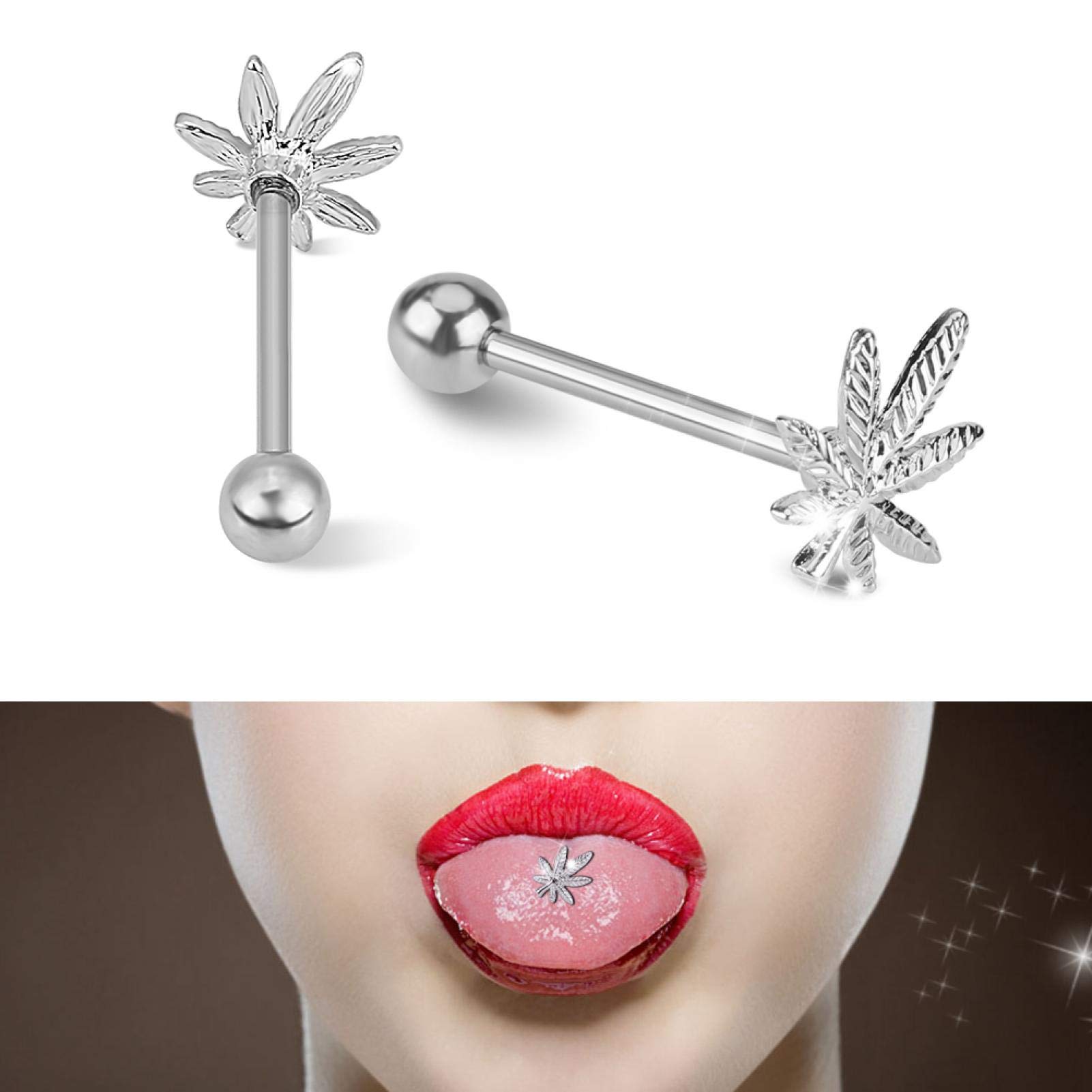 Leaf Shaped Tongue Ring Internally Stainless Steel Threaded Tongue Stud Leaf Tongue Piercing Jewelry