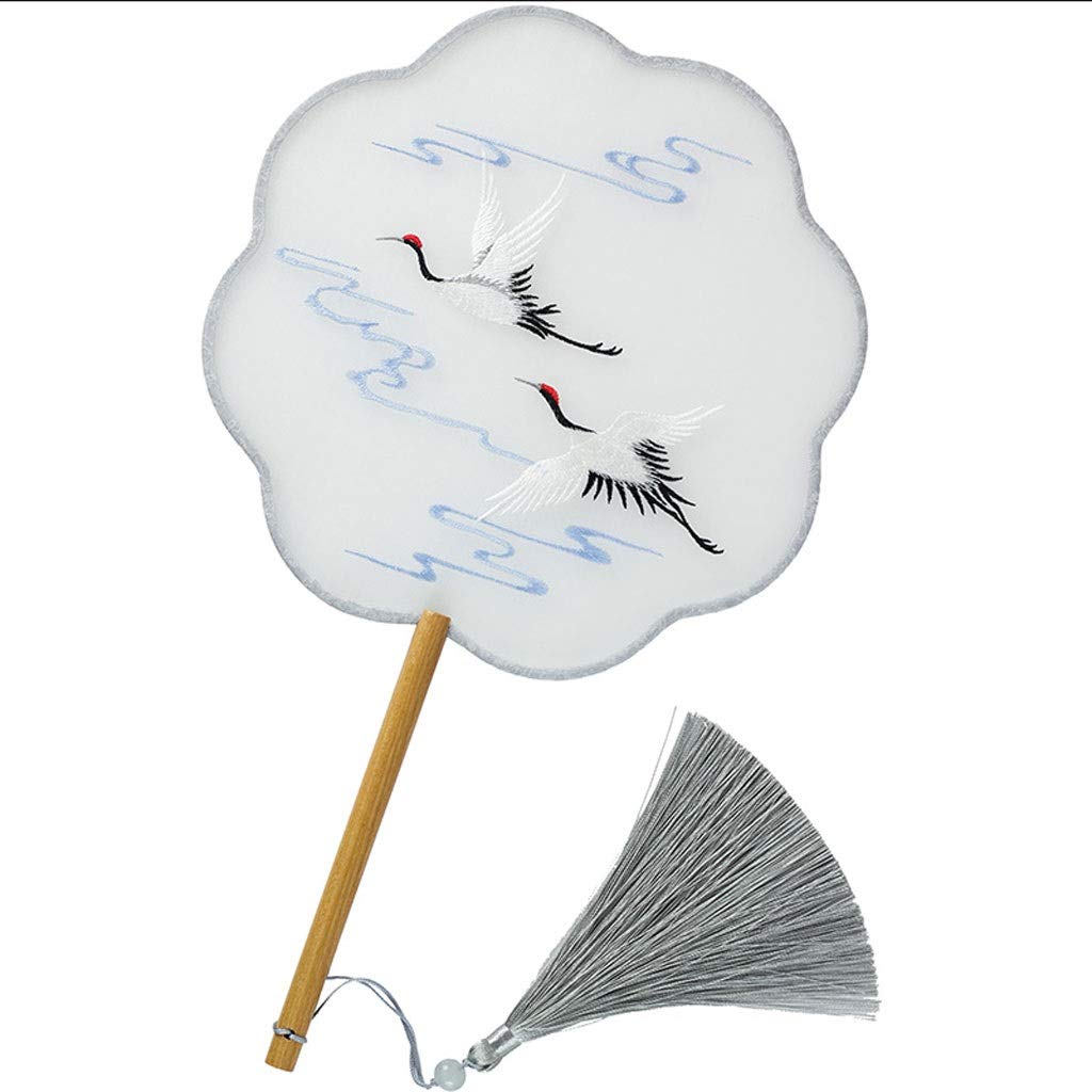 Handmade Folding Fan Fan Round Fan Fan Embroidery Crane Embroidery Hanfu Fan Silk Long Handle Summer Cool Handheld Fan (Color : White)