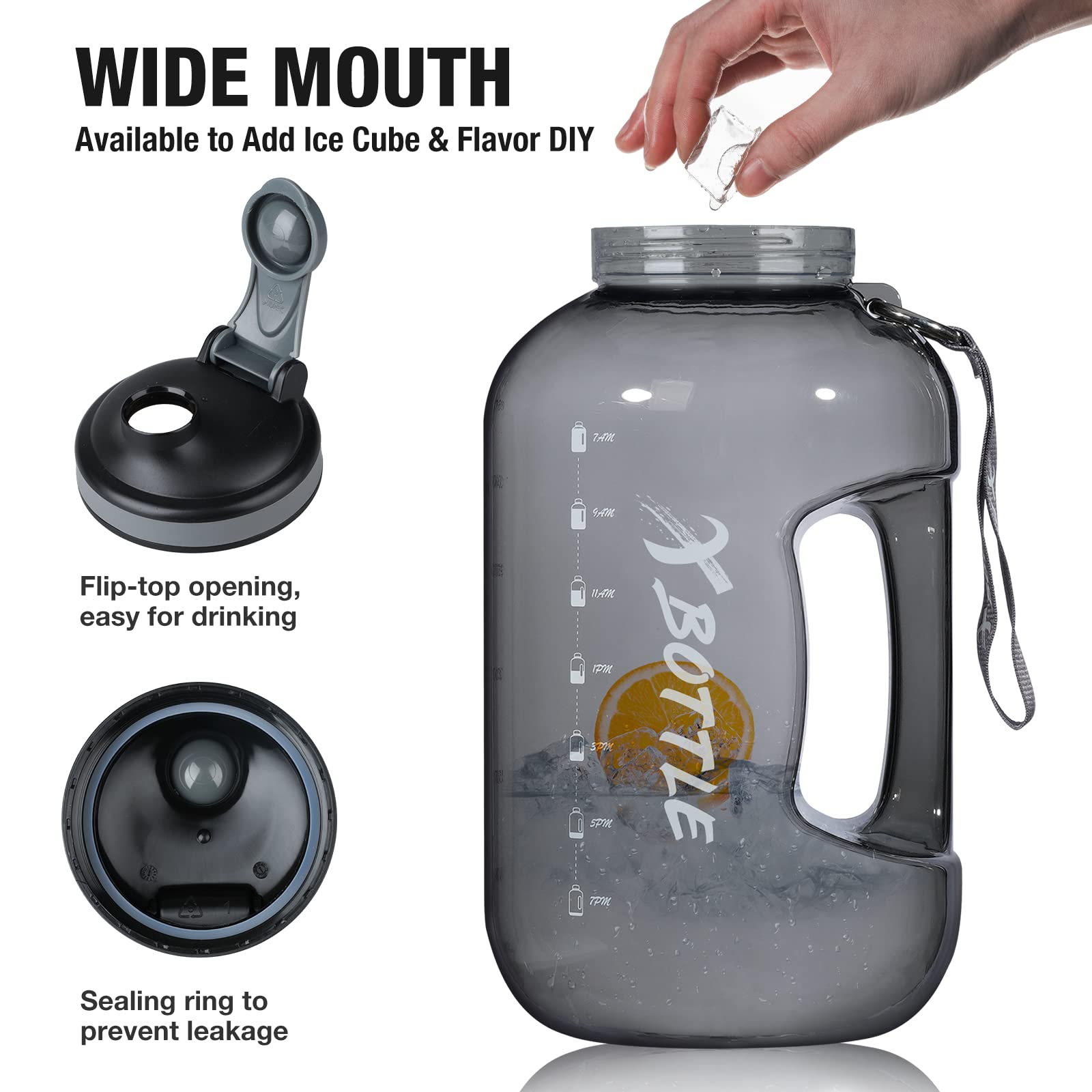 1 Gallon Water Bottle with Chug lid , BPA Free Dishwasher Safe 128oz Large Water Bottle with Motivational Time Marker and Handle Leak-proof Big Black Water Jug for Camping Sports Workouts (chug lid)