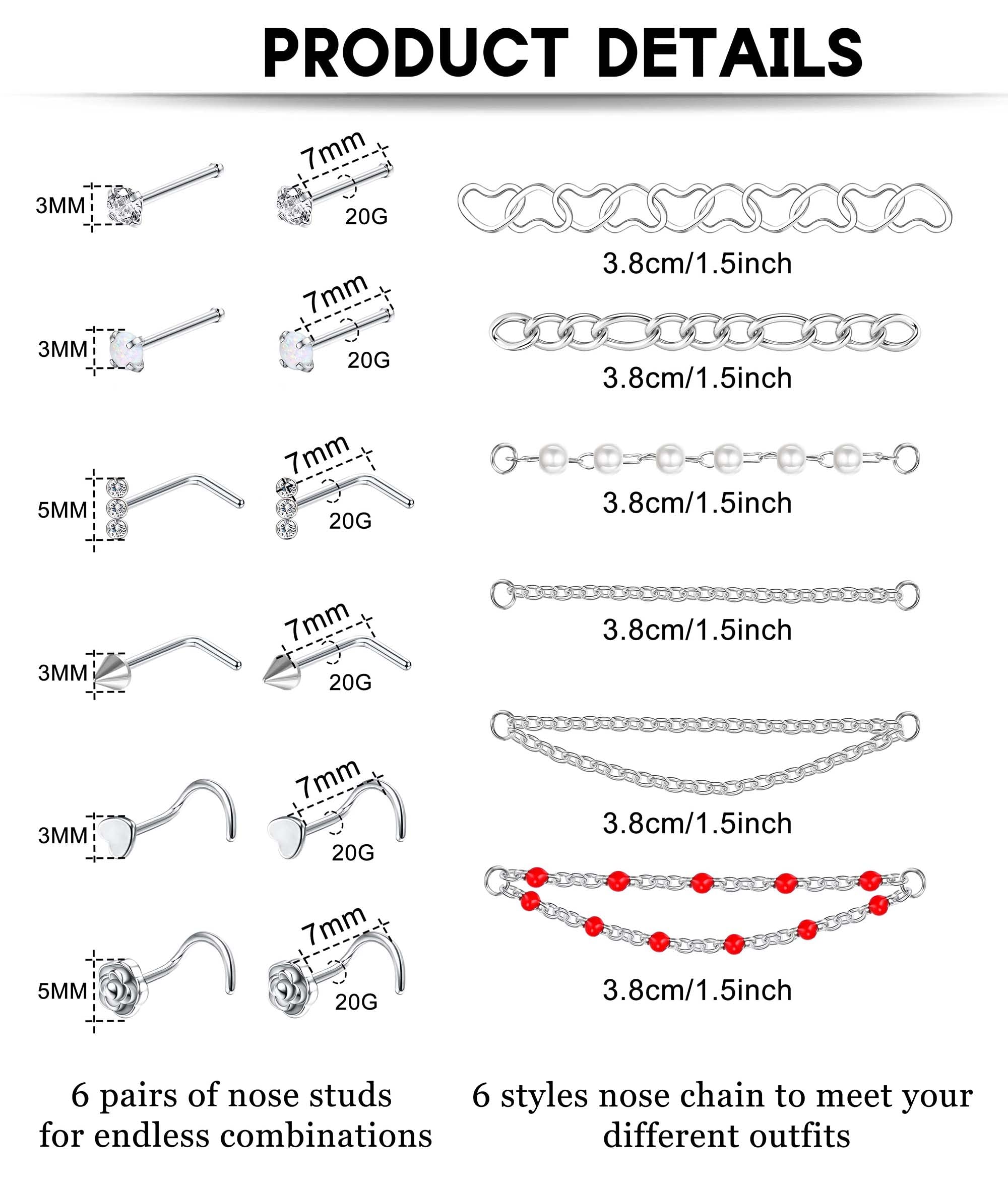 TEN MIRO Nose Chain Piercing Across Nose Surgical Steel Nostril Piercing Jewelry CZ L Shaped Nose Studs and Heart Chain 20g Nose Chain Piercing for Women(3.8MM)