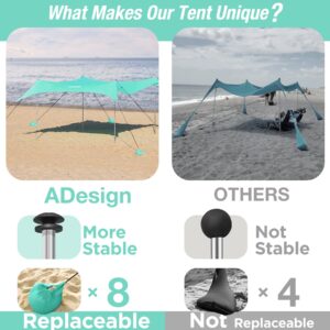 ADesign Windproof Beach Tent Sun Shelter with 8 Sandbags, Wind Resistant Large Family Beach Canopy with Sand Shovel, UPF50+, 6.5 FT Tall, Easy Setup Sun Shade for Beach Vacation