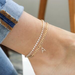 IEFSHINY Ankle Bracelets for Women, 14K Gold Plated Gold Anklets for Women Teen Girls Layered Ankle Bracelets Initial Ankle Bracelet Letter A Cubic Zirconia Tennis Anklet for Women Jewelry Gifts