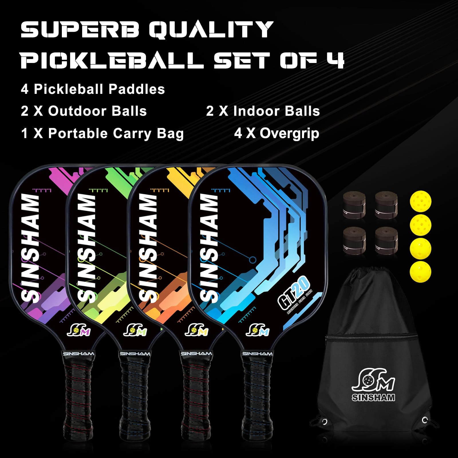 SINSHAM Pickleball Paddles Set of 4-Graphite Pickleball Rackets Set Includes 4 Pickleball Paddles&4 Pickleball Ballsp&1 Portable Drawstring Bag