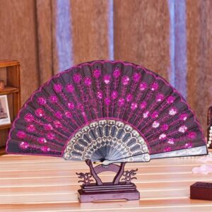 FKJLUN Handmade Folding Fan Peacock Pattern Folding Hand Held Fan Embroidered Sequin Party Wedding Prom Chinese Spain Hand Fan Folding Handheld Fan (Size : E)