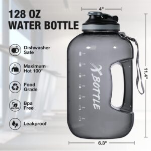 1 Gallon Water Bottle with Chug lid , BPA Free Dishwasher Safe 128oz Large Water Bottle with Motivational Time Marker and Handle Leak-proof Big Black Water Jug for Camping Sports Workouts (chug lid)