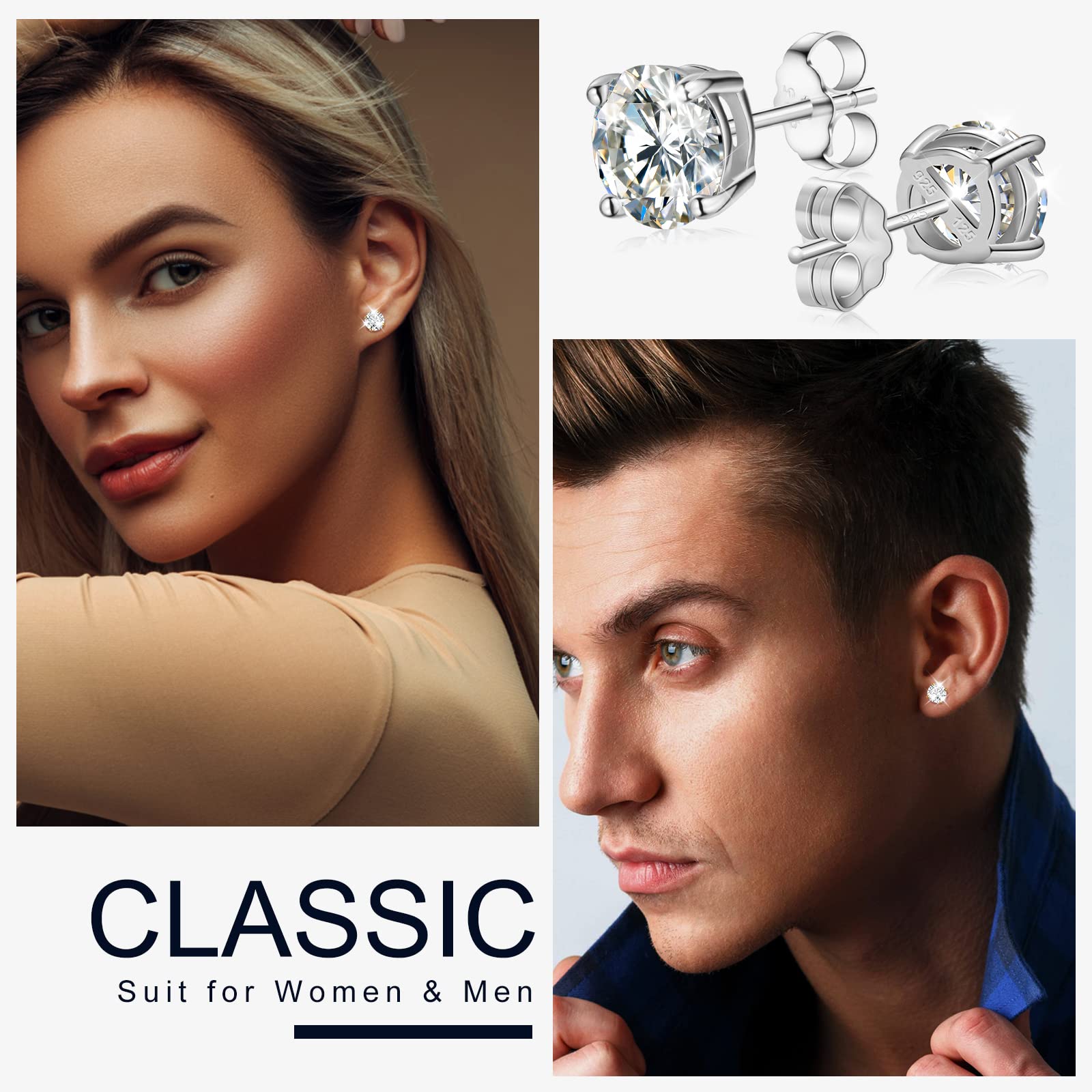 Moissanite Stud Earrings, 0.2CT-8.0CT a Pair Hypoallergenic Earrings D Color VVS1 Clarity Brilliant Round Cut Lab Created Moissanite Diamond Earrings 18K White Yellow Gold Plated S925 Sterling Silver