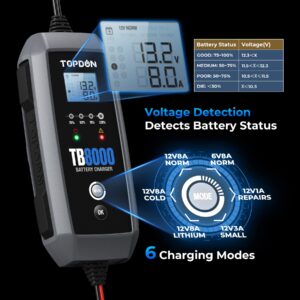 8A/3A/1A Car Battery Charger Automotive with Voltage Detection, 12V/6V TOPDON TB8000 Automatic Battery Maintainer, Lead-Acid & Lithium, LiFePO4 Batteries,Trickle Charger, Float Charger, Storage Bag