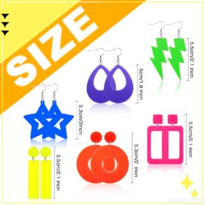 Hinly 6 Pair Halloween Neon Earrings Retro Geometric Neon Accessories 80s Jewelry for Women Simple Circular Oval Acrylic Dangle Drop Earrings Colorful Pendant Hoop Earrings for Costume Party, 6 Styles