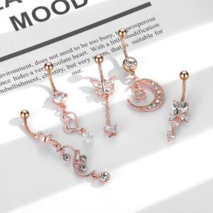 Dangle Belly Button Rings for Women Men, 5 Pcs 14G Surgical Stainless Steel CZ Drop Belly Rings | Long Cubic Zirconia Navel Rings Dangle Reverse Curved Barbell Body Piercing Jewelry (Rose Gold)