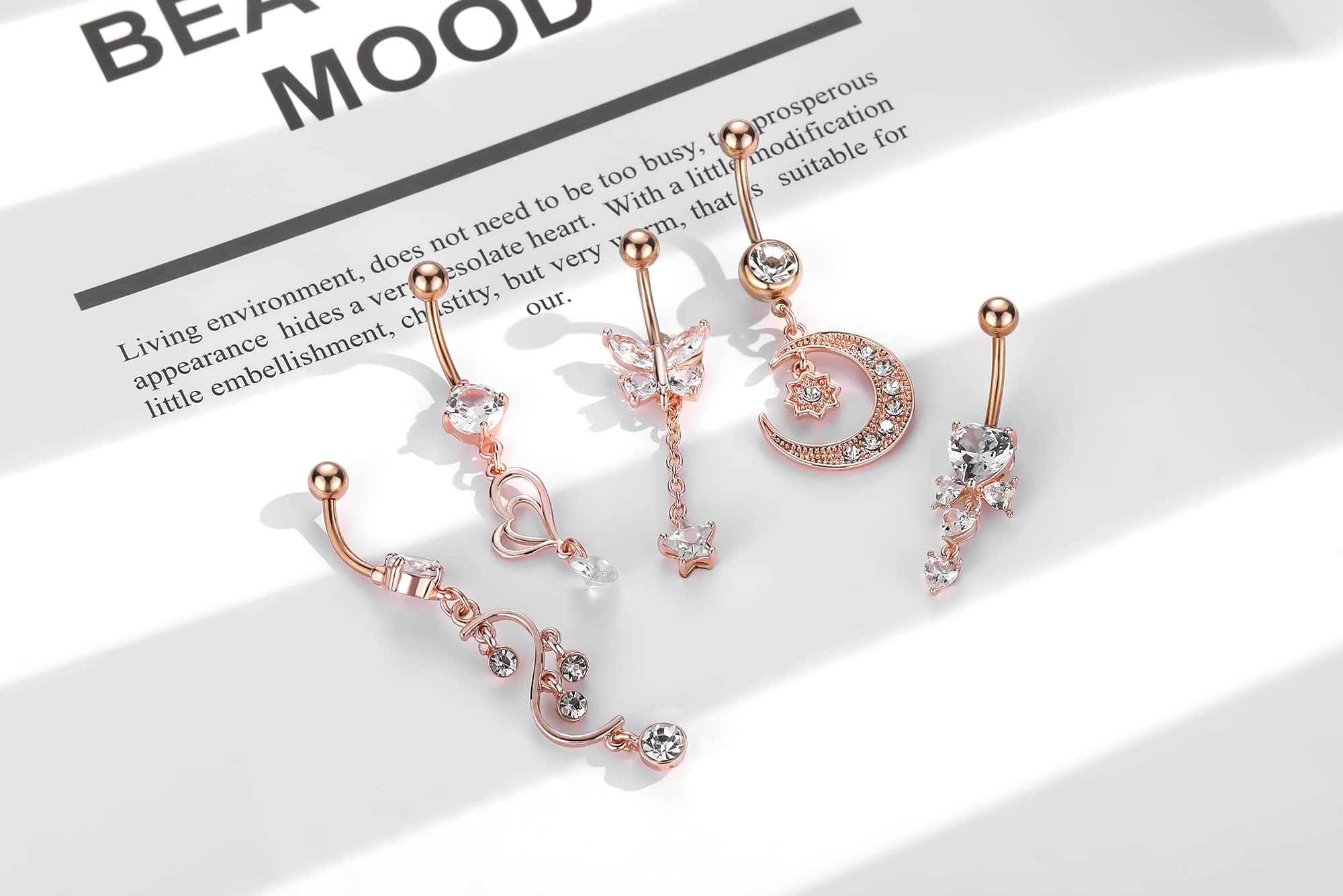 Dangle Belly Button Rings for Women Men, 5 Pcs 14G Surgical Stainless Steel CZ Drop Belly Rings | Long Cubic Zirconia Navel Rings Dangle Reverse Curved Barbell Body Piercing Jewelry (Rose Gold)